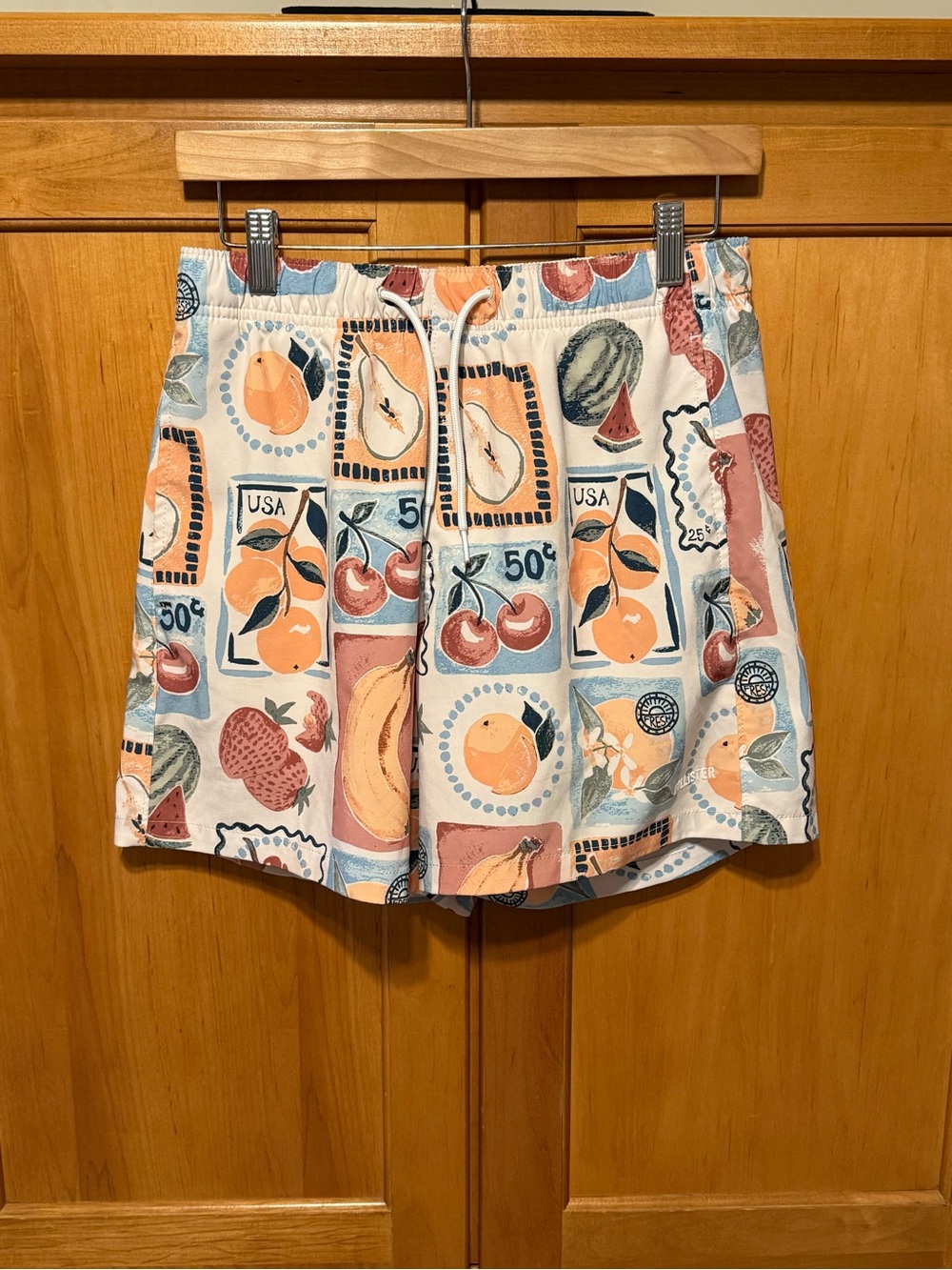 HOLLISTER Men’s Small Fruit-Print Swim Trunks Drawstring Shorts Beach Vacation